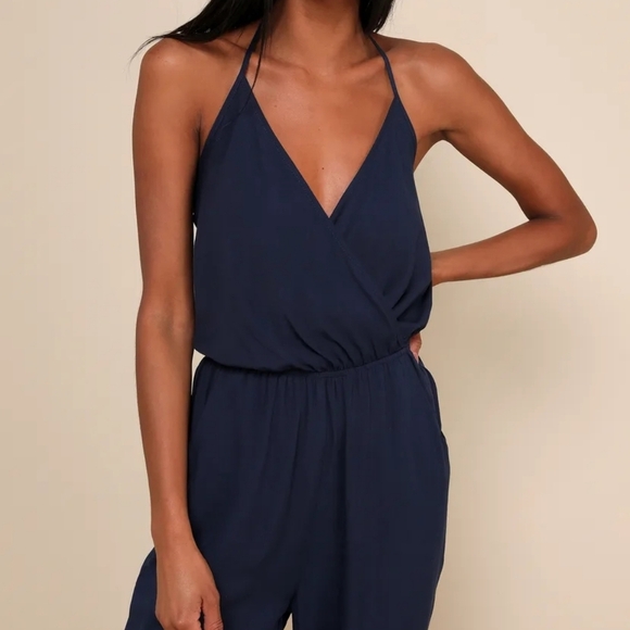 Lulus Learning to Fly Navy Halter Jumpsuit Pockets - Women's Large - Picture 3 of 11